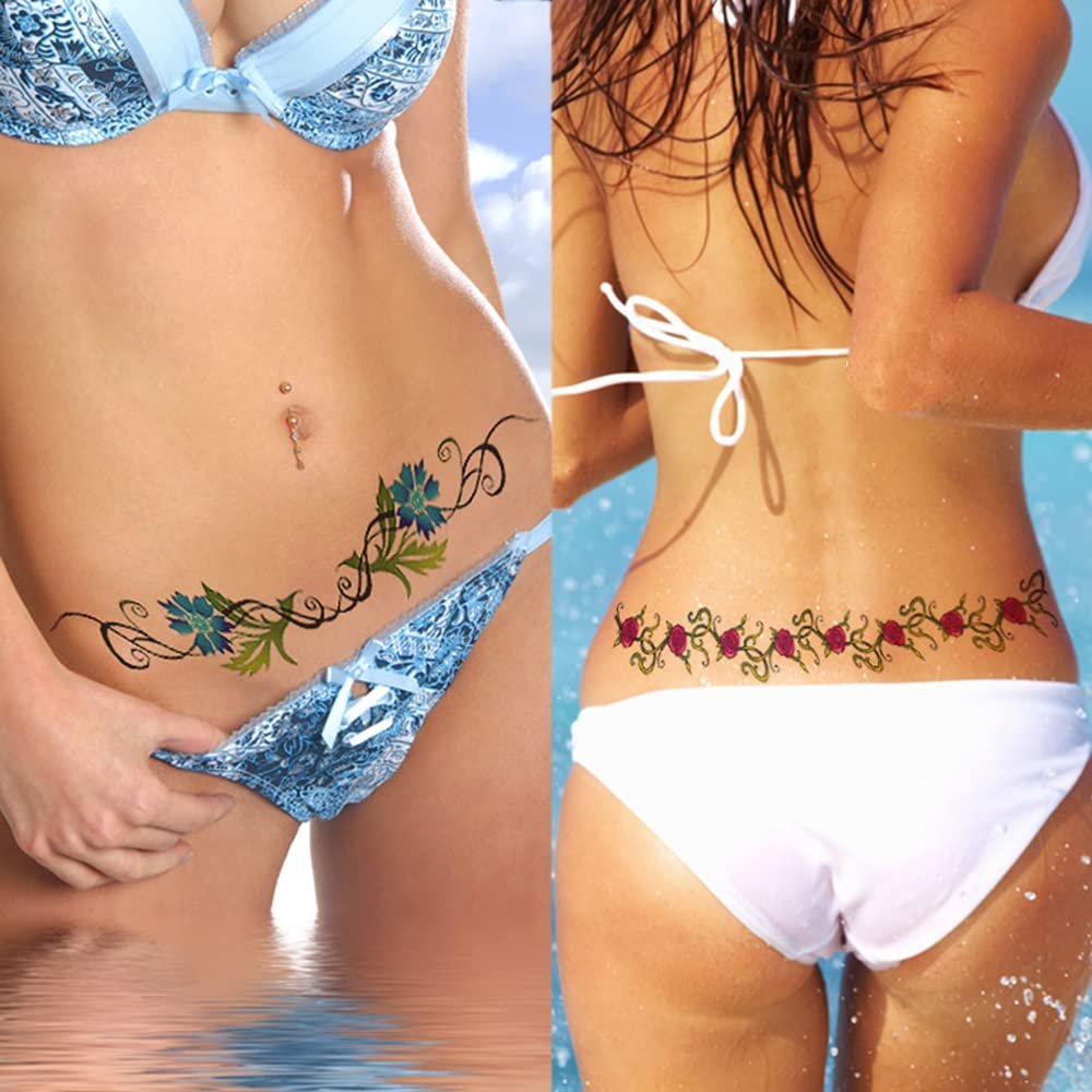 Sexy Flower Navel Tattoos 12 Sheets - Long Belly Abdomen Waist Back Waterproof Temporary Tattoos for Women - görsel 9