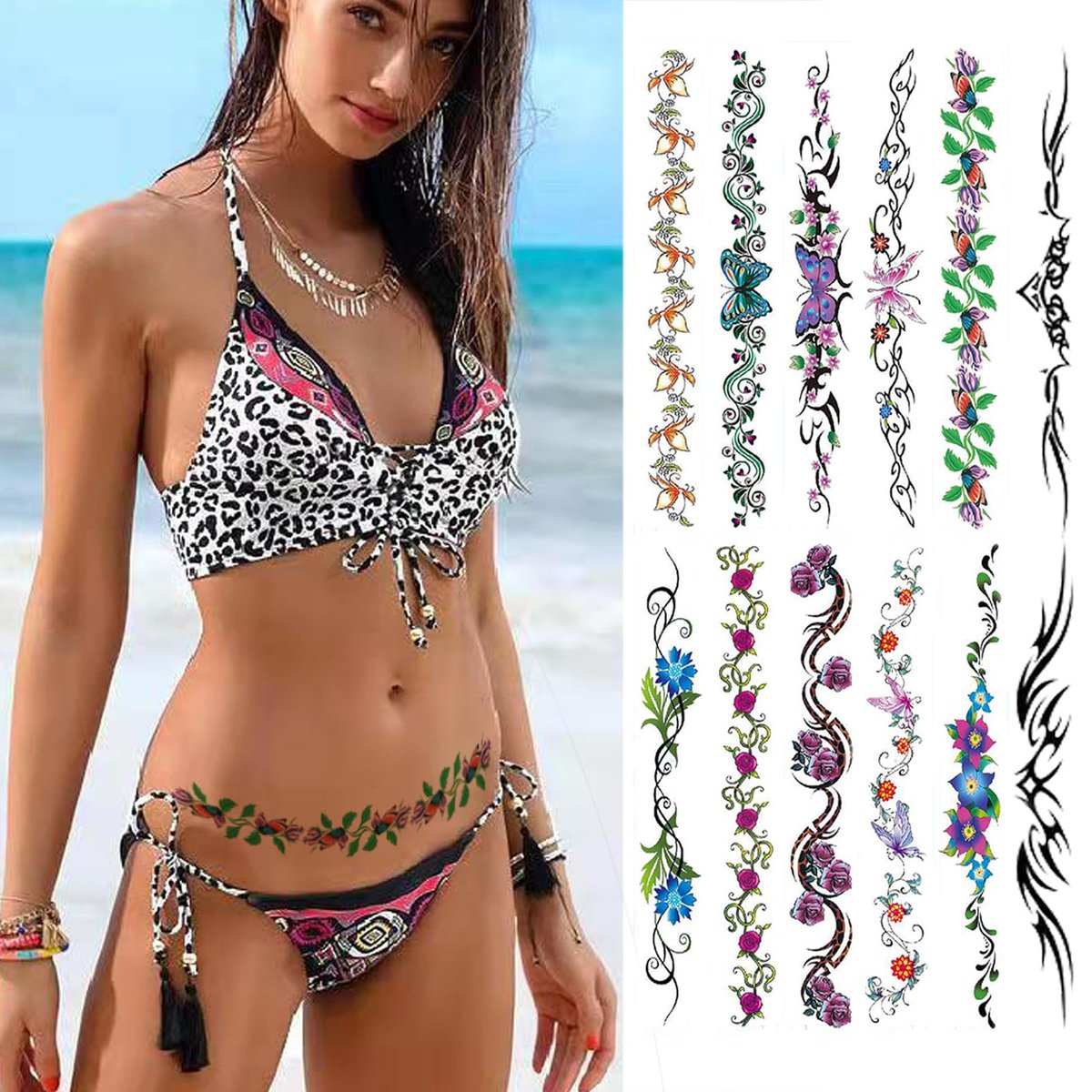 Sexy Flower Navel Tattoos 12 Sheets - Long Belly Abdomen Waist Back Waterproof Temporary Tattoos for Women - görsel 1