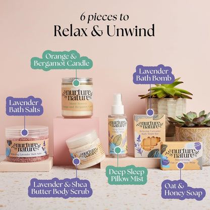 Nurture by Nature Spa Gifts for Women - Luxury Self Care Gift Set & Spa Basket, 6 Piece Bath Set with Candle, Bath Bomb, Salts & Pillow Spray - Relaxation Gifts for Mom Avelisse