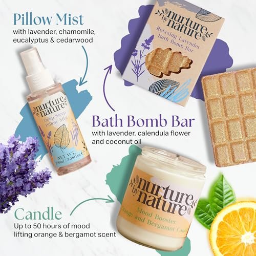 Nurture by Nature Spa Gifts for Women - Luxury Self Care Gift Set & Spa Basket, 6 Piece Bath Set with Candle, Bath Bomb, Salts & Pillow Spray - Relaxation Gifts for Mom Avelisse