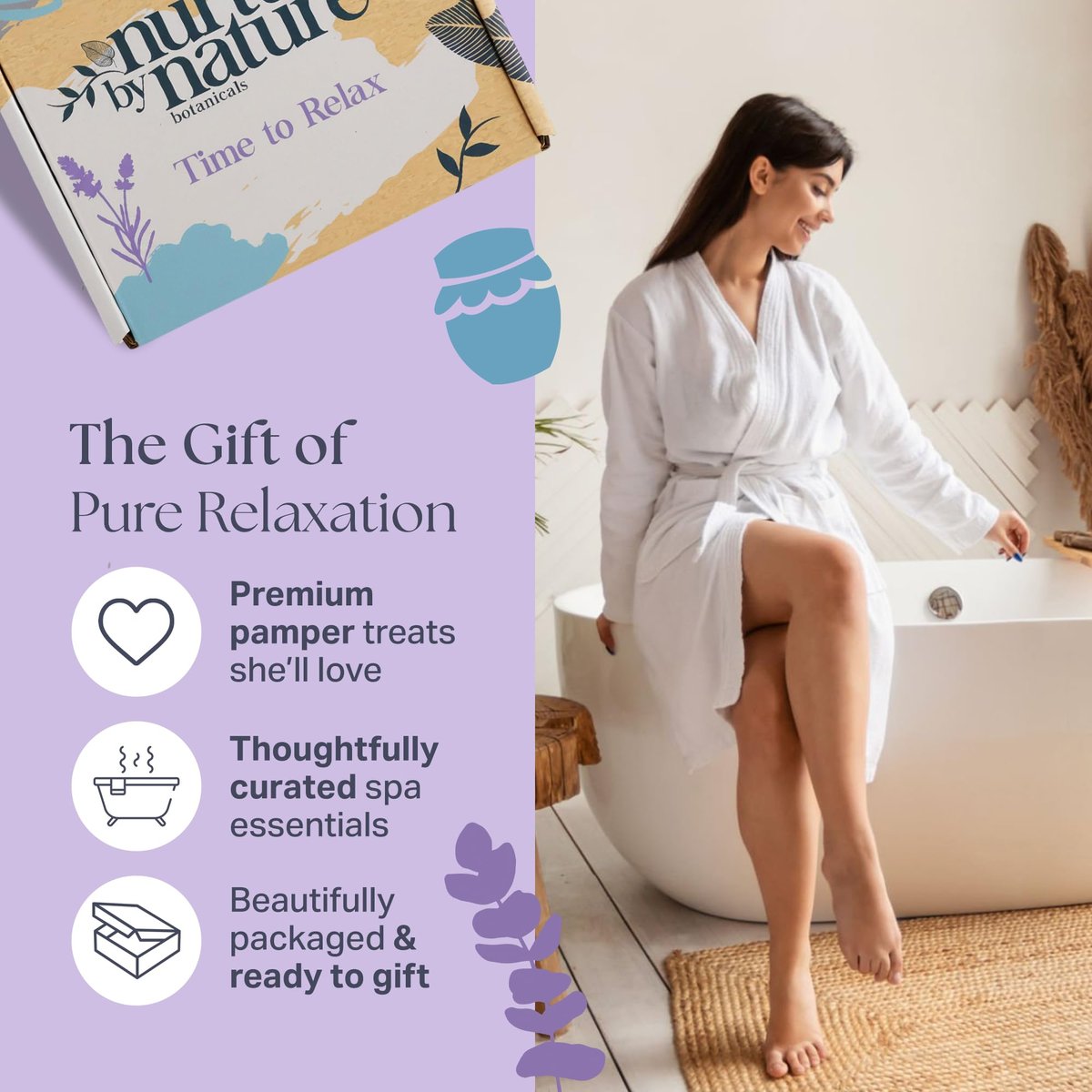 Nurture by Nature Spa Gifts for Women - Luxury Self Care Gift Set & Spa Basket, 6 Piece Bath Set with Candle, Bath Bomb, Salts & Pillow Spray - Relaxation Gifts for Mom Avelisse
