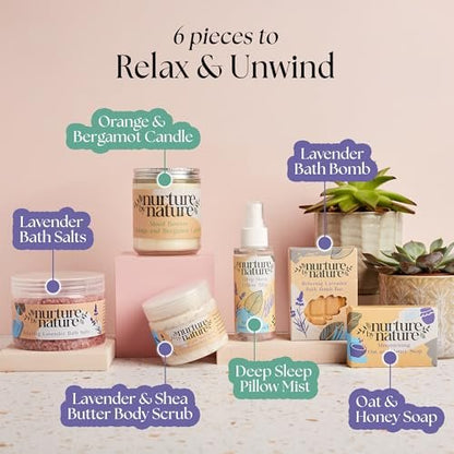 Nurture by Nature Spa Gifts for Women - Luxury Self Care Gift Set & Spa Basket, 6 Piece Bath Set with Candle, Bath Bomb, Salts & Pillow Spray - Relaxation Gifts for Mom Avelisse