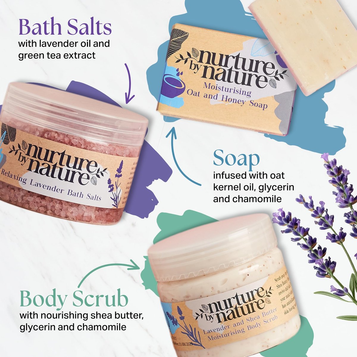 Nurture by Nature Spa Gifts for Women - Luxury Self Care Gift Set & Spa Basket, 6 Piece Bath Set with Candle, Bath Bomb, Salts & Pillow Spray - Relaxation Gifts for Mom Avelisse