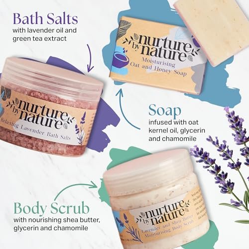Nurture by Nature Spa Gifts for Women - Luxury Self Care Gift Set & Spa Basket, 6 Piece Bath Set with Candle, Bath Bomb, Salts & Pillow Spray - Relaxation Gifts for Mom Avelisse