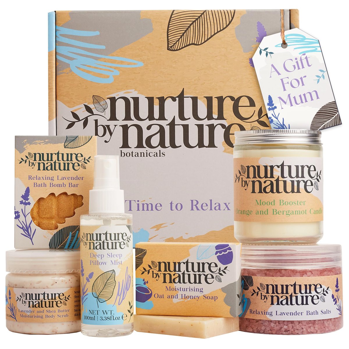 Nurture by Nature Spa Gifts for Women - Luxury Self Care Gift Set & Spa Basket, 6 Piece Bath Set with Candle, Bath Bomb, Salts & Pillow Spray - Relaxation Gifts for Mom Avelisse