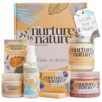 Nurture by Nature Spa Gifts for Women - Luxury Self Care Gift Set & Spa Basket, 6 Piece Bath Set with Candle, Bath Bomb, Salts & Pillow Spray - Relaxation Gifts for Mom Avelisse