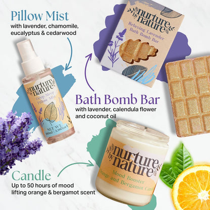Nurture by Nature Spa Gifts for Women - Luxury Self Care Gift Set & Spa Basket, 6 Piece Bath Set with Candle, Bath Bomb, Salts & Pillow Spray - Relaxation Gifts for Mom Avelisse