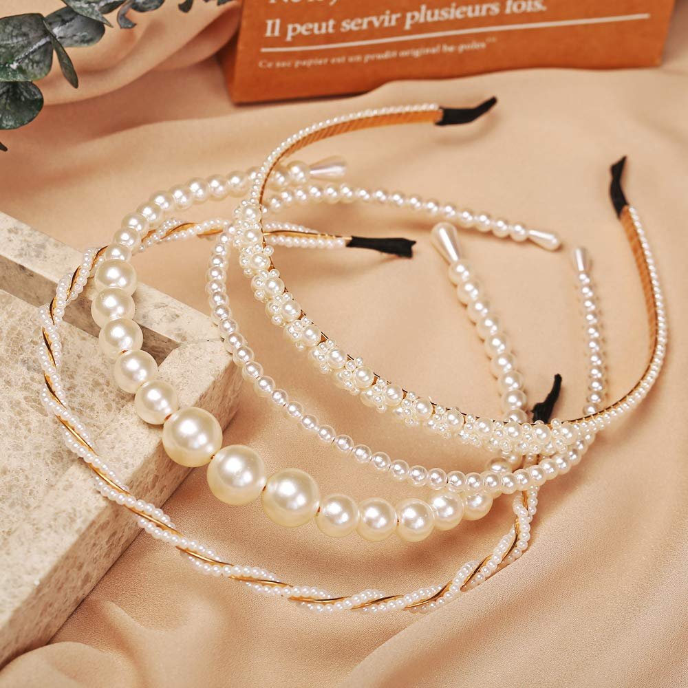 BEAYFILY 4 Pack Pearls Fashion Headbands - White Artificial Pearl Rhinestones Hairbands for Women Girls - görsel 1