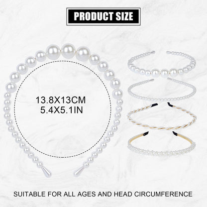 BEAYFILY 4 Pack Pearls Fashion Headbands - White Artificial Pearl Rhinestones Hairbands for Women Girls
