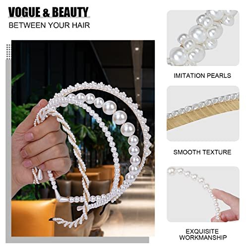 BEAYFILY 4 Pack Pearls Fashion Headbands - White Artificial Pearl Rhinestones Hairbands for Women Girls - görsel 4