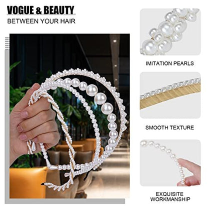 BEAYFILY 4 Pack Pearls Fashion Headbands - White Artificial Pearl Rhinestones Hairbands for Women Girls