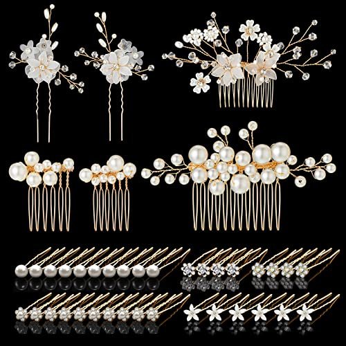 40 Pieces Bridal Hair Accessories Set - Gold and White Crystal Rhinestone U-Shaped Pearl Hair Pins for Wedding and Special Occasions Avelisse