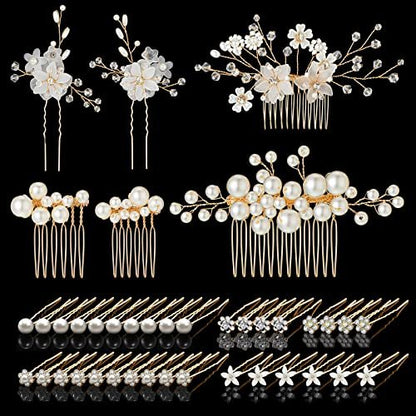 40 Pieces Bridal Hair Accessories Set - Gold and White Crystal Rhinestone U-Shaped Pearl Hair Pins for Wedding and Special Occasions Avelisse