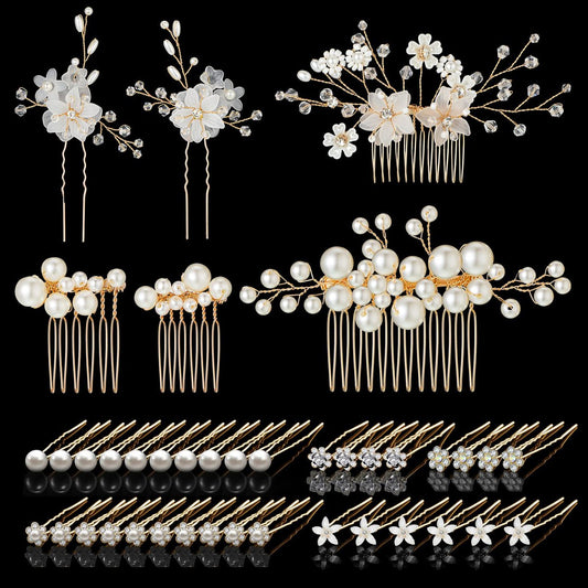 40 Pieces Bridal Hair Accessories Set - Gold and White Crystal Rhinestone U-Shaped Pearl Hair Pins for Wedding and Special Occasions Avelisse