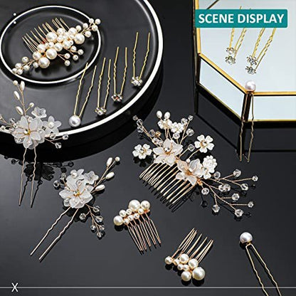 40 Pieces Bridal Hair Accessories Set - Gold and White Crystal Rhinestone U-Shaped Pearl Hair Pins for Wedding and Special Occasions Avelisse
