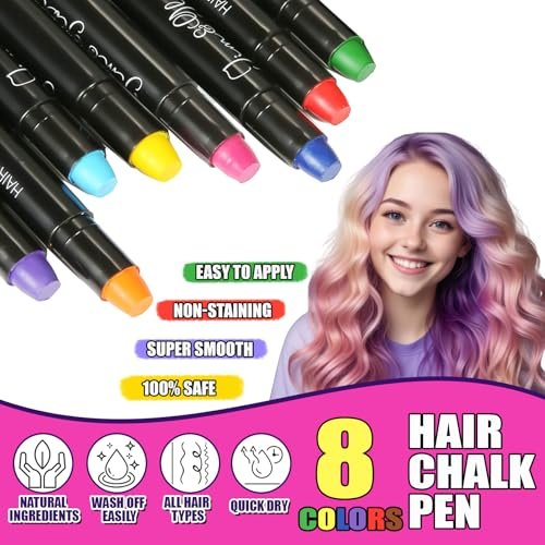 Jim&Gloria Dustless Hair Chalk Set - 8 Color Temporary Hair Dye Markers for Kids, Teens, and Tweens - Washable Hair Chalk for Dark Hair - Non-Toxic Hair Coloring Gift for Girls Age 7-14 Avelisse