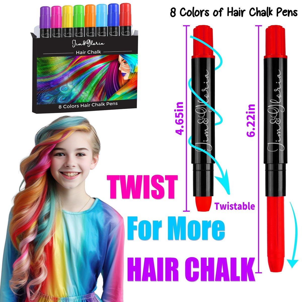 Jim&Gloria Dustless Hair Chalk Set - 8 Color Temporary Hair Dye Markers for Kids, Teens, and Tweens - Washable Hair Chalk for Dark Hair - Non-Toxic Hair Coloring Gift for Girls Age 7-14 Avelisse