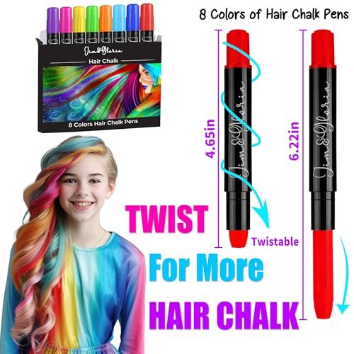 Jim&Gloria Dustless Hair Chalk Set - 8 Color Temporary Hair Dye Markers for Kids, Teens, and Tweens - Washable Hair Chalk for Dark Hair - Non-Toxic Hair Coloring Gift for Girls Age 7-14 Avelisse