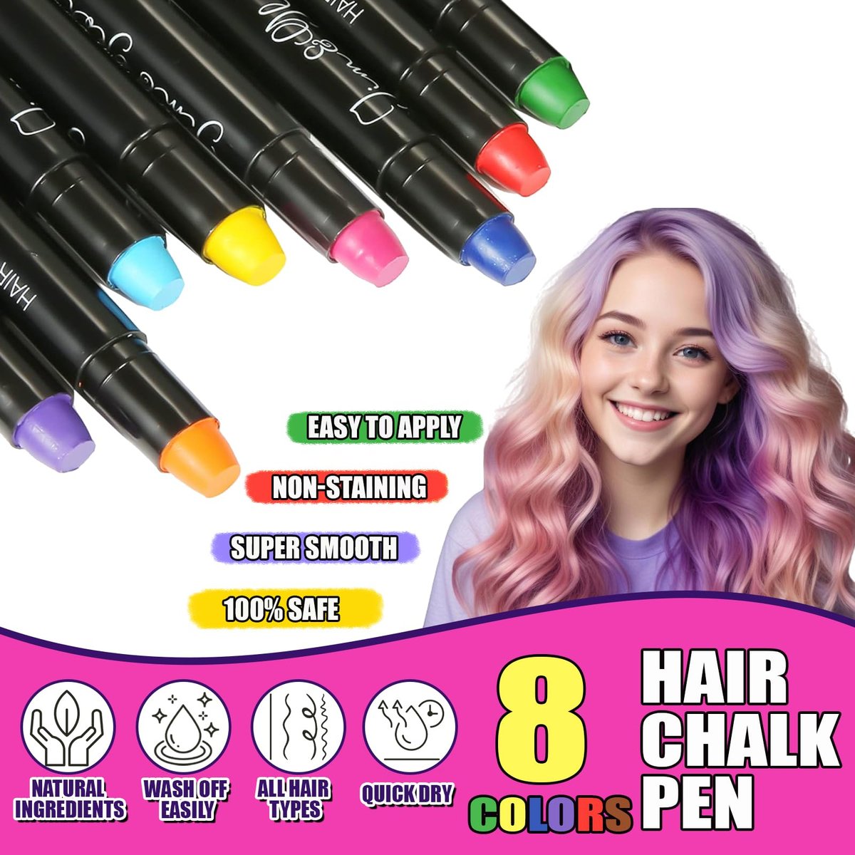 Jim&Gloria Dustless Hair Chalk Set - 8 Color Temporary Hair Dye Markers for Kids, Teens, and Tweens - Washable Hair Chalk for Dark Hair - Non-Toxic Hair Coloring Gift for Girls Age 7-14 Avelisse