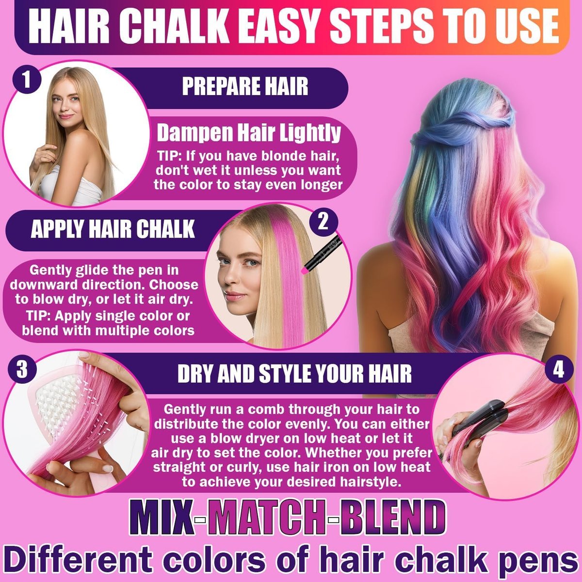 Jim&Gloria Dustless Hair Chalk Set - 8 Color Temporary Hair Dye Markers for Kids, Teens, and Tweens - Washable Hair Chalk for Dark Hair - Non-Toxic Hair Coloring Gift for Girls Age 7-14 Avelisse