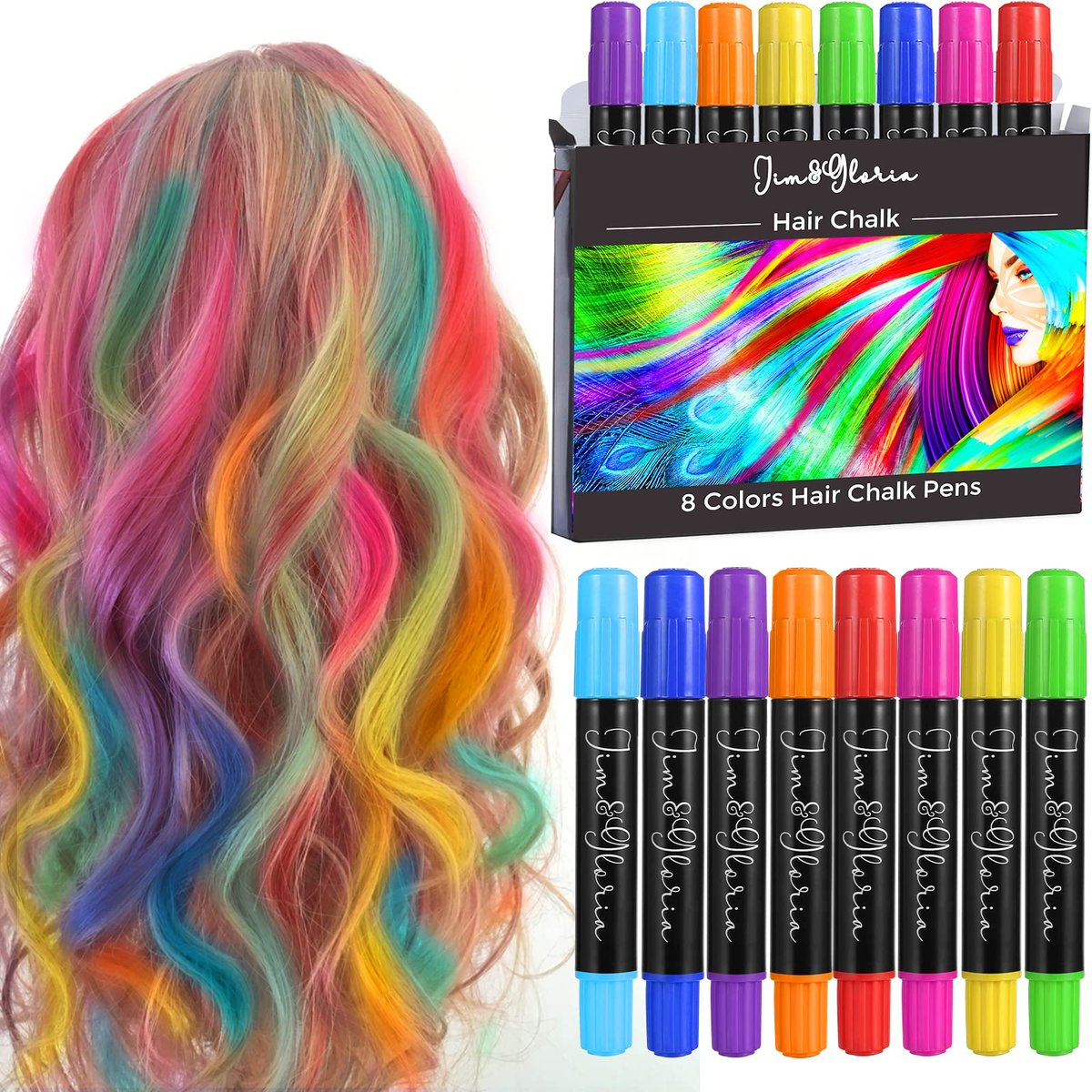 Jim&Gloria Dustless Hair Chalk Set - 8 Color Temporary Hair Dye Markers for Kids, Teens, and Tweens - Washable Hair Chalk for Dark Hair - Non-Toxic Hair Coloring Gift for Girls Age 7-14 Avelisse