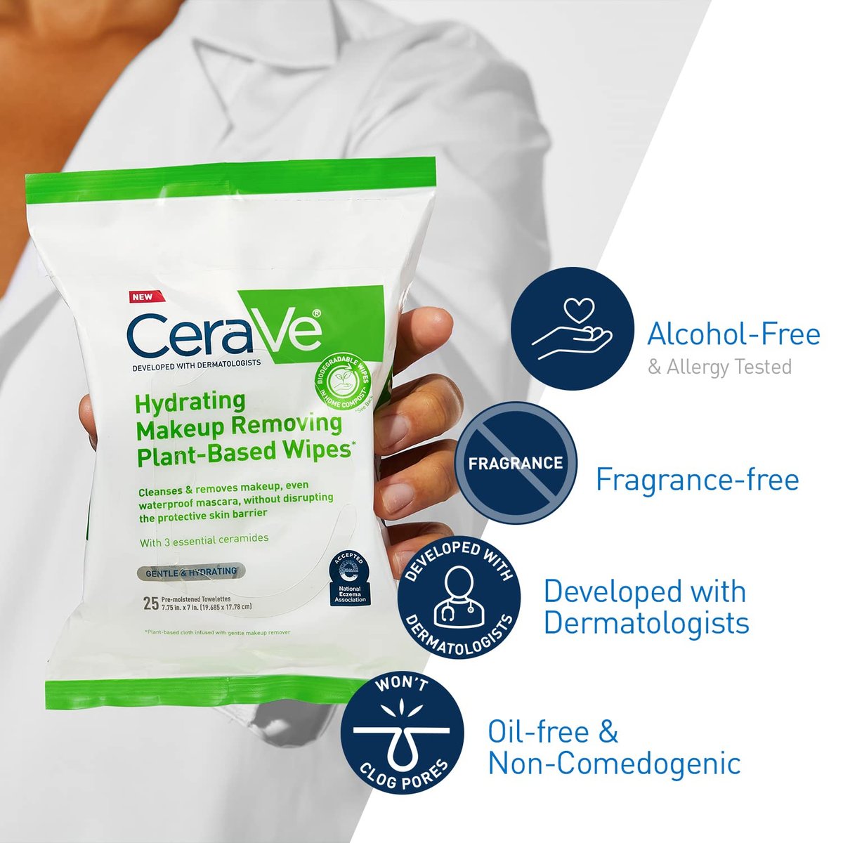CeraVe Makeup Remover Wipes - Plant Based Face Wipes, Biodegradable in Compost, Waterless Face Wash, Fragrance-Free & Non-Comedogenic, 25 Count Avelisse