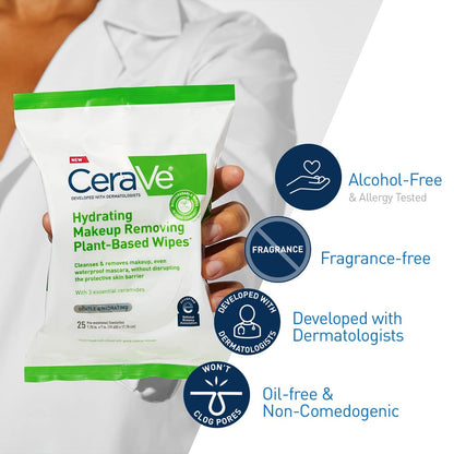 CeraVe Makeup Remover Wipes - Plant Based Face Wipes, Biodegradable in Compost, Waterless Face Wash, Fragrance-Free & Non-Comedogenic, 25 Count Avelisse