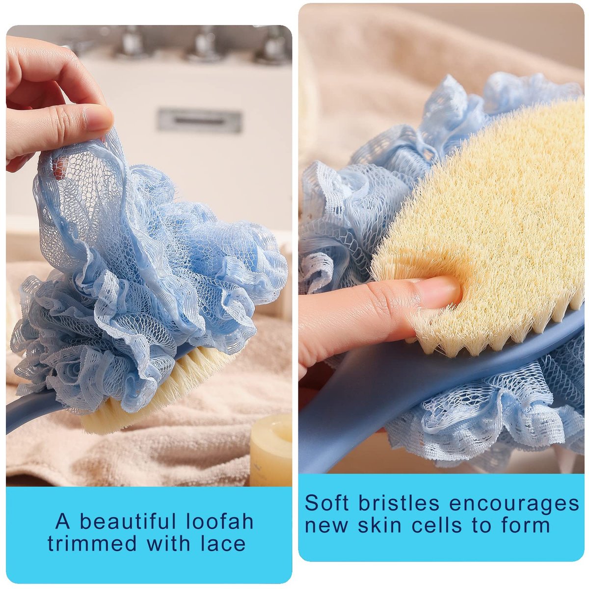 2nd Generation Shower Body Brush with Bristles and Loofah – 16-Inch Long Handle Back Scrubber for Exfoliating and Massage – Blue - görsel 5