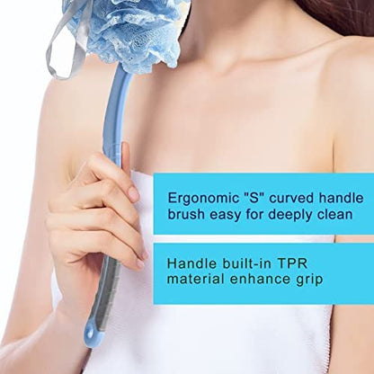 2nd Generation Shower Body Brush with Bristles and Loofah – 16-Inch Long Handle Back Scrubber for Exfoliating and Massage – Blue