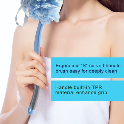 2nd Generation Shower Body Brush with Bristles and Loofah – 16-Inch Long Handle Back Scrubber for Exfoliating and Massage – Blue