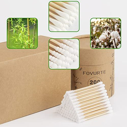 Bamboo Cotton Swabs 400 Count - Spiral & Round Double Tips, Organic Wooden Cotton Buds for Ears, Natural Ear Wax Removal, Makeup & Travel
