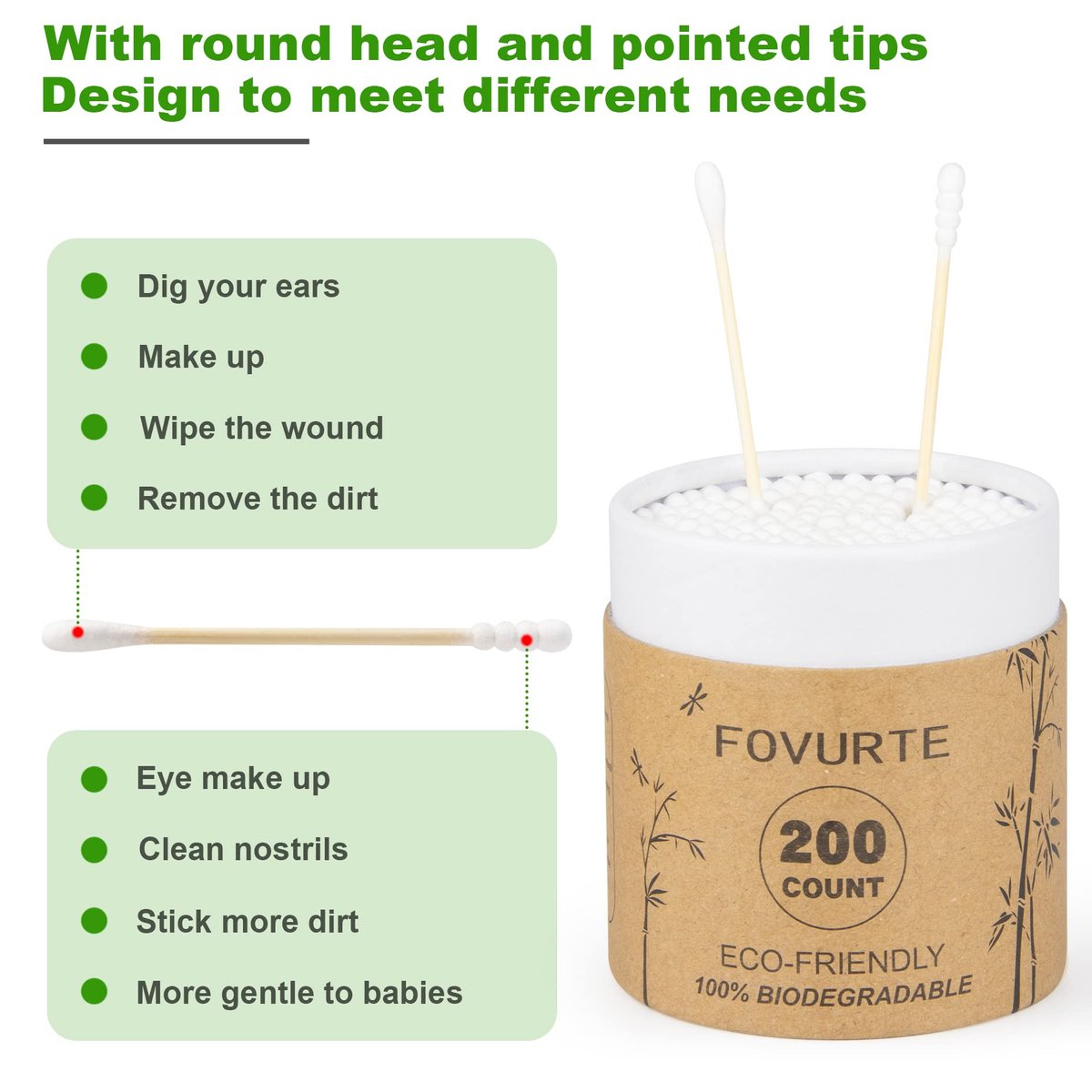 Bamboo Cotton Swabs 400 Count - Spiral & Round Double Tips, Organic Wooden Cotton Buds for Ears, Natural Ear Wax Removal, Makeup & Travel - görsel 5