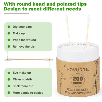 Bamboo Cotton Swabs 400 Count - Spiral & Round Double Tips, Organic Wooden Cotton Buds for Ears, Natural Ear Wax Removal, Makeup & Travel