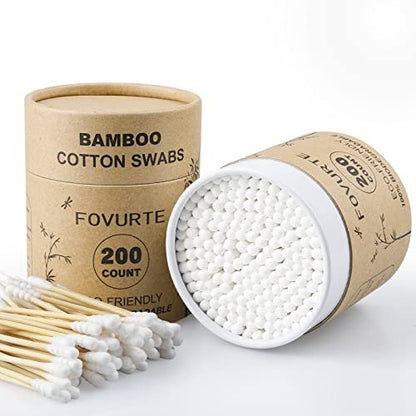 Bamboo Cotton Swabs 400 Count - Spiral & Round Double Tips, Organic Wooden Cotton Buds for Ears, Natural Ear Wax Removal, Makeup & Travel