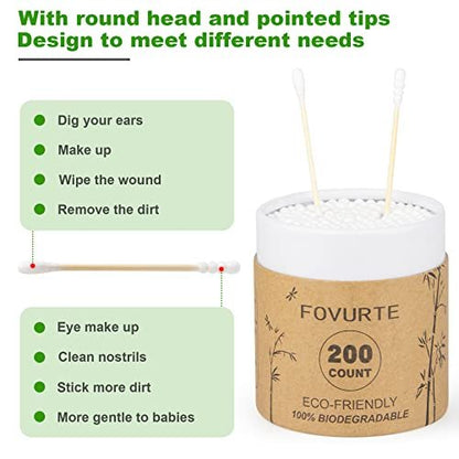 Bamboo Cotton Swabs 400 Count - Spiral & Round Double Tips, Organic Wooden Cotton Buds for Ears, Natural Ear Wax Removal, Makeup & Travel