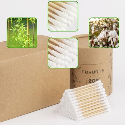 Bamboo Cotton Swabs 400 Count - Spiral & Round Double Tips, Organic Wooden Cotton Buds for Ears, Natural Ear Wax Removal, Makeup & Travel
