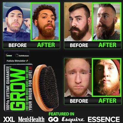 GROW Beard Brush & 360 Wave Brush for Men - Natural Boar Bristle for Fuller, Thicker Hair, Beard & Mustache - Premium Full-Size to Exfoliate, Strengthen Hair, Stimulate & Boost Growth