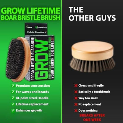 GROW Beard Brush & 360 Wave Brush for Men - Natural Boar Bristle for Fuller, Thicker Hair, Beard & Mustache - Premium Full-Size to Exfoliate, Strengthen Hair, Stimulate & Boost Growth
