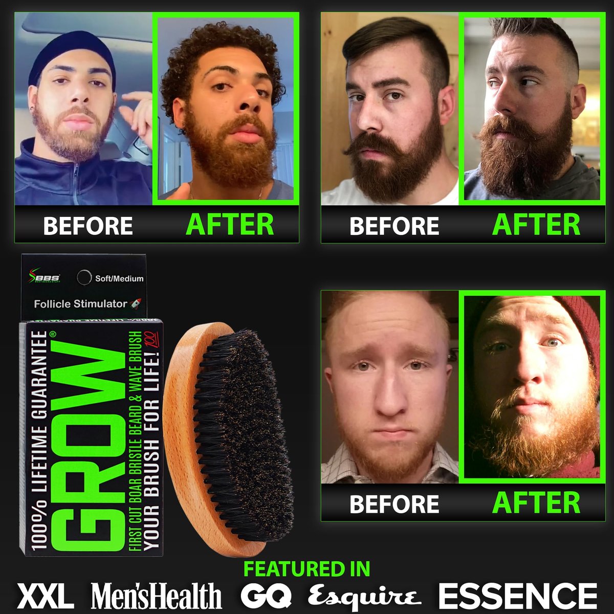 GROW Beard Brush & 360 Wave Brush for Men - Natural Boar Bristle for Fuller, Thicker Hair, Beard & Mustache - Premium Full-Size to Exfoliate, Strengthen Hair, Stimulate & Boost Growth - görsel 7