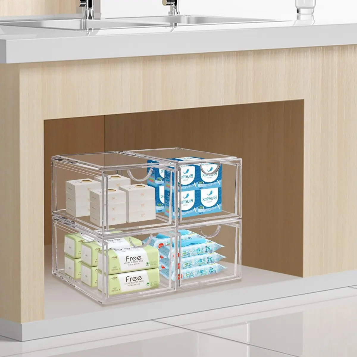 AMEITECH 2 Pack Clear Stackable Storage Drawer - Acrylic Bathroom Makeup Organizer for Vanity, Kitchen Cabinets, Pantry, Undersink Avelisse