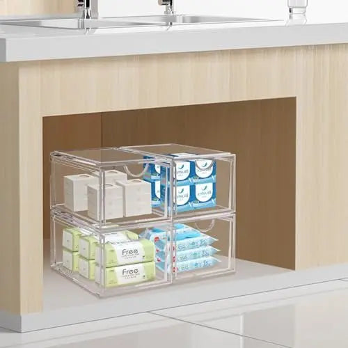 AMEITECH 2 Pack Clear Stackable Storage Drawer - Acrylic Bathroom Makeup Organizer for Vanity, Kitchen Cabinets, Pantry, Undersink Avelisse