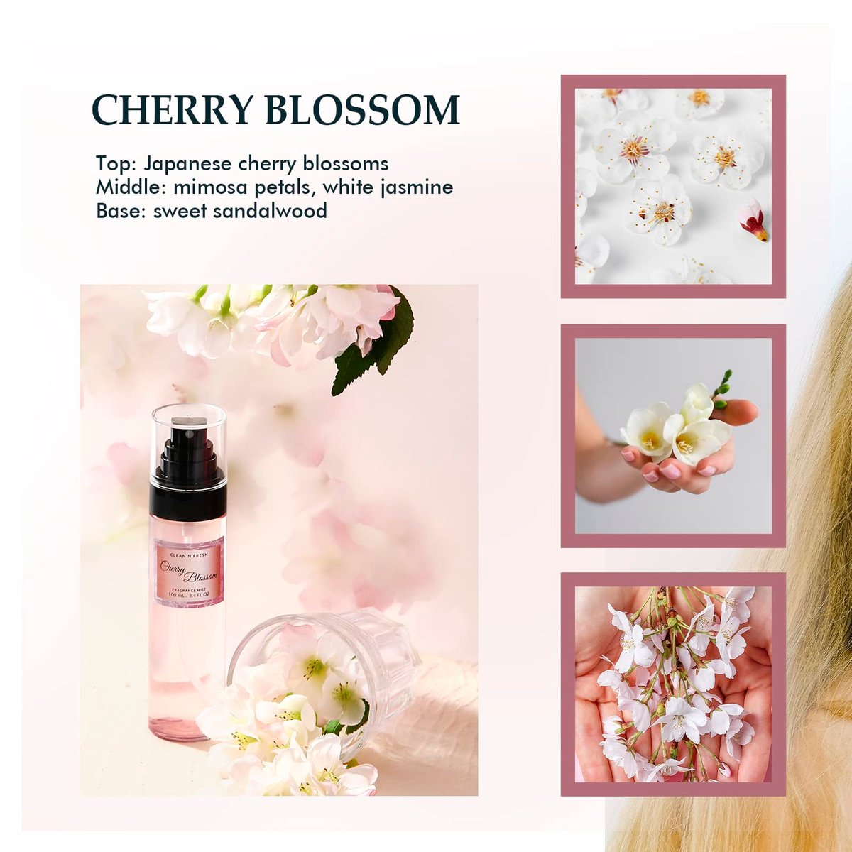 Clean-n-Fresh Body Spray for Women, Body Mist, Fragrance Mist Gift Sets, Pack of 3, Each 3.4 Fl Oz, Total 10.2 Fl Oz, Cherry Blossom Avelisse