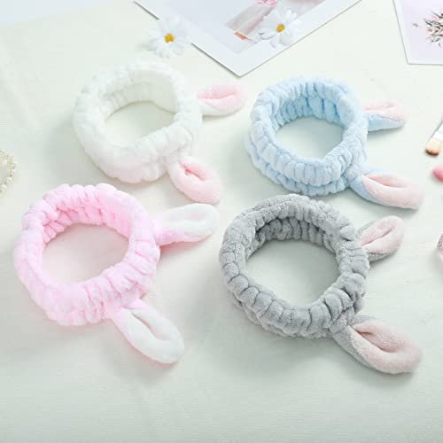 Ygreato 4 Pack Elastic Makeup Headbands for Women and Girls - Soft Flannel Bunny Ears Headbands, SPA Headband Hair Band for Washing Face - görsel 6