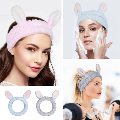 Ygreato 4 Pack Elastic Makeup Headbands for Women and Girls - Soft Flannel Bunny Ears Headbands, SPA Headband Hair Band for Washing Face
