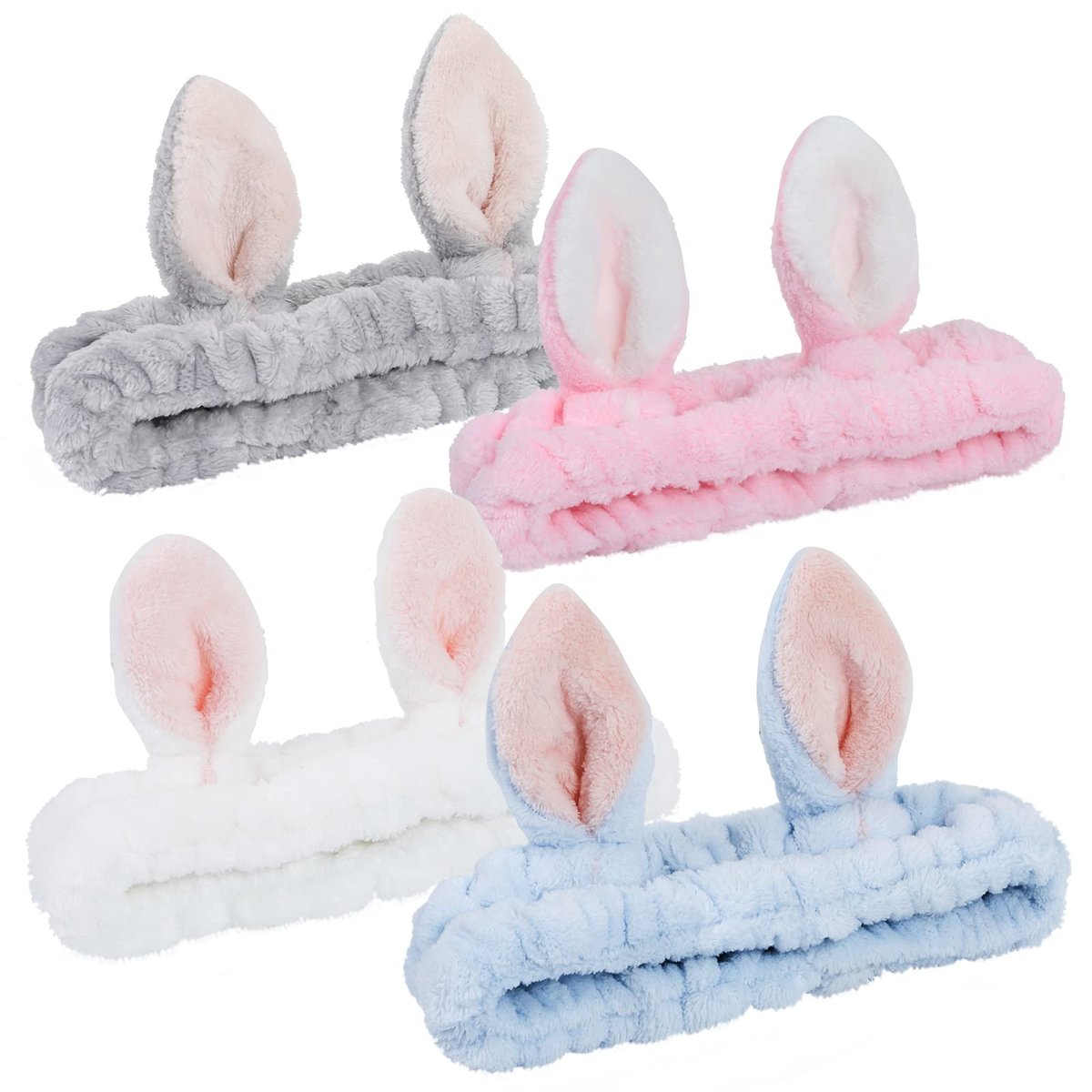 Ygreato 4 Pack Elastic Makeup Headbands for Women and Girls - Soft Flannel Bunny Ears Headbands, SPA Headband Hair Band for Washing Face - görsel 1