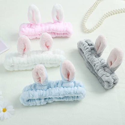 Ygreato 4 Pack Elastic Makeup Headbands for Women and Girls - Soft Flannel Bunny Ears Headbands, SPA Headband Hair Band for Washing Face