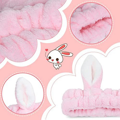 Ygreato 4 Pack Elastic Makeup Headbands for Women and Girls - Soft Flannel Bunny Ears Headbands, SPA Headband Hair Band for Washing Face