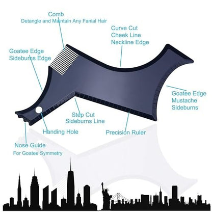 Beard Shaping Tool with Template and Edger - Symmetric Jaw, Cheek & Neck Lines for Stylish Goatee, Mustache, and Curve Step Cut (Pack of 1) - Grooming Guide Included