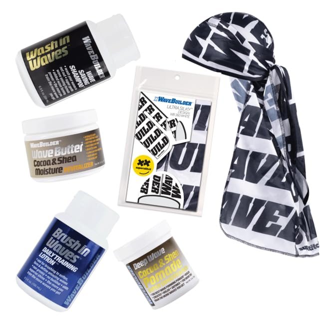 WAVEBUILDER Ultimate Bundle for 360 Waves – Cocoa & Shea Wave Butter, Pomade, Wash in Waves Shampoo, Brush in Waves, and Silky Durag (White, 5-Piece Set) - görsel 1