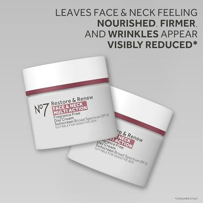 No7 Restore & Renew Multi Action Face & Neck SPF 30 Day Cream - Firming & Hydrating Face Moisturizer with Hyaluronic Acid, Fragrance-Free, 1.69 Fl Oz Avelisse